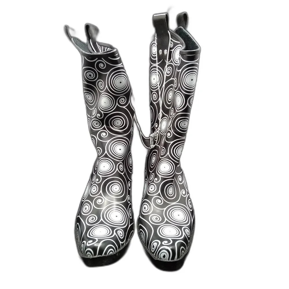 BLAZIN ROXX Layla Cowboy Rain Boot Black White Circle Dot Outdoor Size 11 Rubber